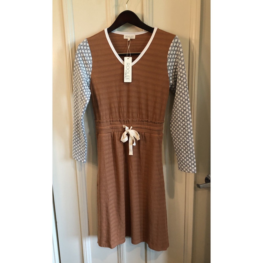 NWT ROOLEE size S MIDI DRESS Burnt Orange w/ Polka Dot Long Sleeves NEW Z22